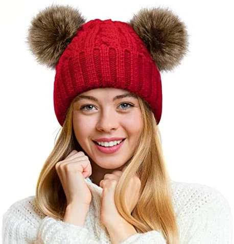 Deals 👏 Pink Pom Pom Hats For 👩 Women Double Pom Pom Beanie For 👩 Women Knitted Hat Pink Beanie Hat Pink Beanie_coffee Pom Pom 😍 - Image 5