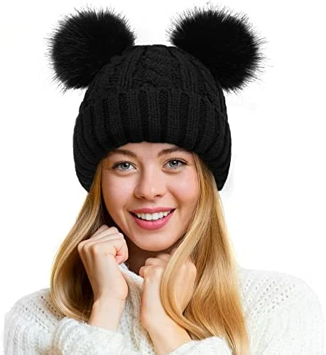Deals 👏 Pink Pom Pom Hats For 👩 Women Double Pom Pom Beanie For 👩 Women Knitted Hat Pink Beanie Hat Pink Beanie_coffee Pom Pom 😍