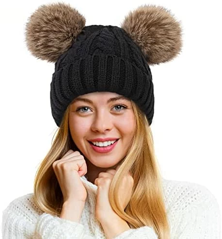 Deals 👏 Pink Pom Pom Hats For 👩 Women Double Pom Pom Beanie For 👩 Women Knitted Hat Pink Beanie Hat Pink Beanie_coffee Pom Pom 😍 - Image 2