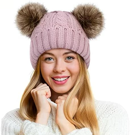 Deals 👏 Pink Pom Pom Hats For 👩 Women Double Pom Pom Beanie For 👩 Women Knitted Hat Pink Beanie Hat Pink Beanie_coffee Pom Pom 😍 - Image 4