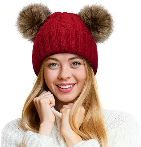 Deals 👏 Pink Pom Pom Hats For 👩 Women Double Pom Pom Beanie For 👩 Women Knitted Hat Pink Beanie Hat Pink Beanie_coffee Pom Pom 😍 - Image 3