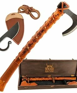 Budget 👏 Battle Axe | Hand-Engraved Runes And Celtic Ring Knife, The Skeggøx Set | Authentic Hand-Forged | Hardened Blades With Genuine Leather Sheath And Pouch ⭐