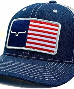 Discount ✔️ Kimes Ranch Men's American Trucker Adjustable Snapback Mid-Profile Logo Cap Blue 🥰