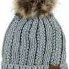 Best deal 👍 C.C Thick Cable Knit Faux Fuzzy Fur Pom Fleece Lined Skull Cap Cuff Beanie Chenille Indi Pink ⌛