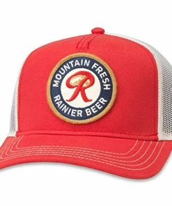 Coupon ✔️ AMERICAN NEEDLE Valin Rainier Beer Mountain Fresh Trucker Hat (PBC-1908B-IRED) 👏